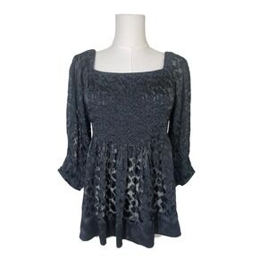 VTG Whimsigoth Babydoll Back Tie Top 12 Sheer Satin Square Neck High Low Y2K